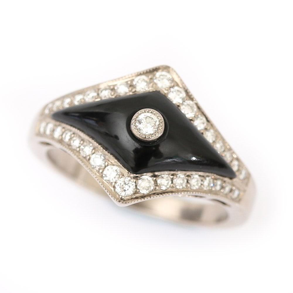 Art Deco Style 0.35ct Diamond and Onyx 18 Karat White Gold Ring 4
