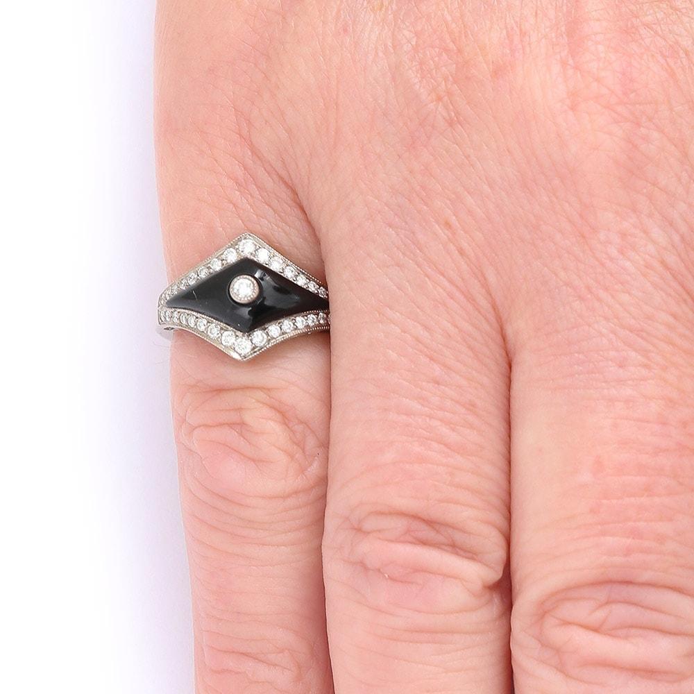 Art Deco Style 0.35ct Diamond and Onyx 18 Karat White Gold Ring 7