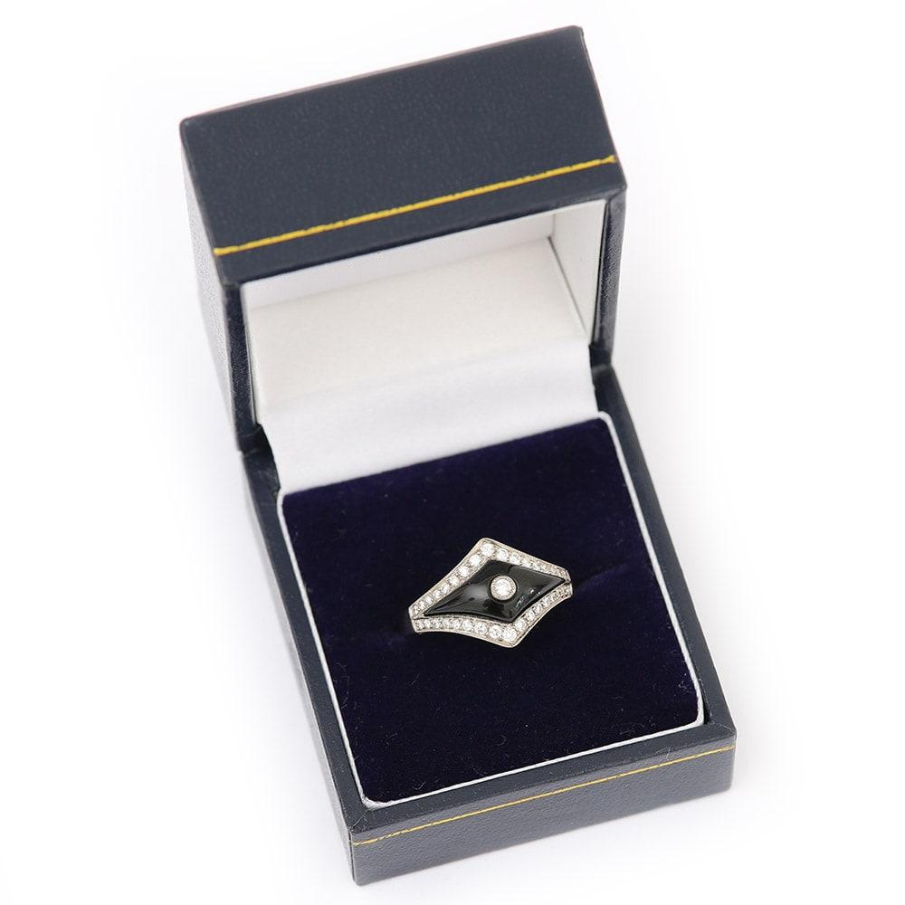 Art Deco Style 0.35ct Diamond and Onyx 18 Karat White Gold Ring 8