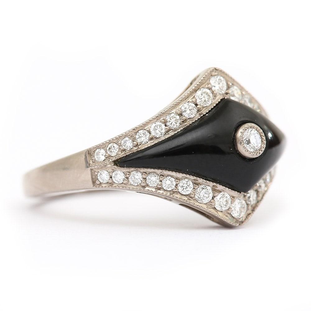 Modern Art Deco Style 0.35ct Diamond and Onyx 18 Karat White Gold Ring