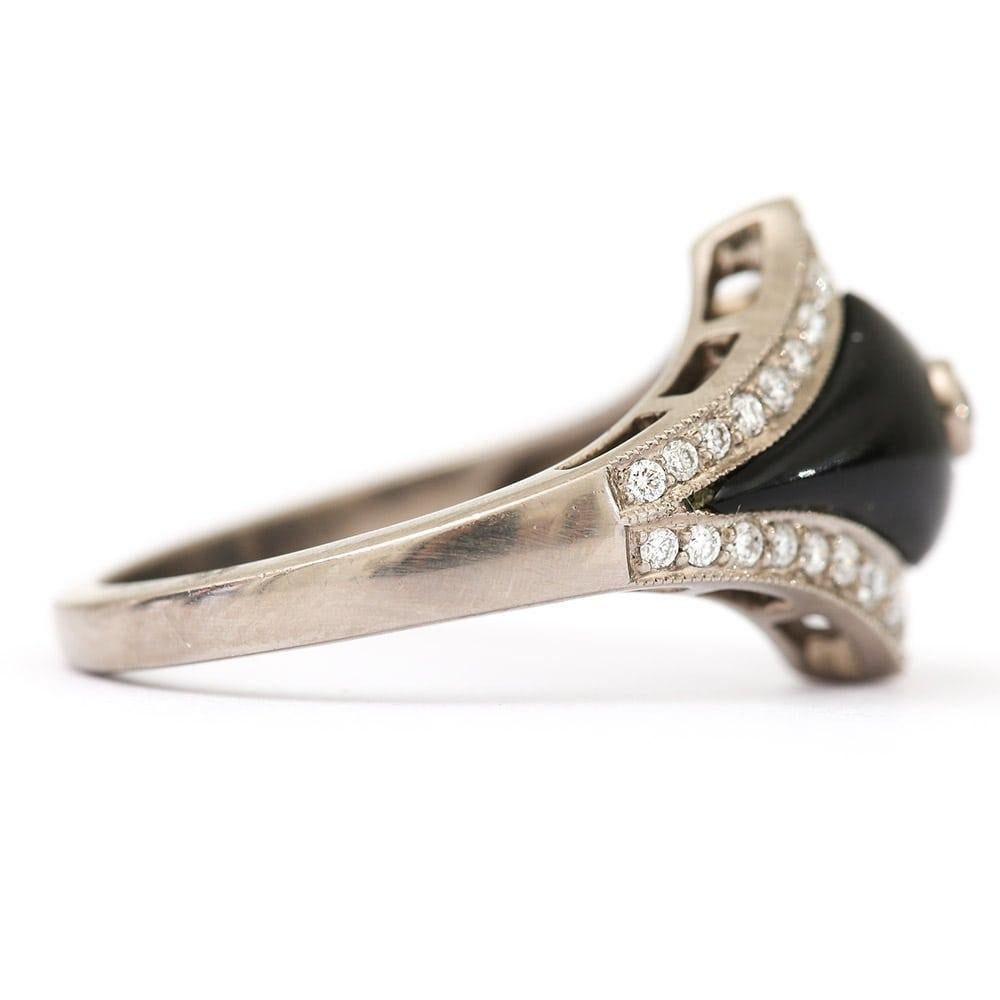 Round Cut Art Deco Style 0.35ct Diamond and Onyx 18 Karat White Gold Ring