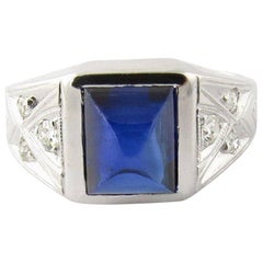 18 Karat White Gold Art Deco Synthetic Sapphire Diamond Ring