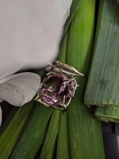 White Gold Art Nouveau Artisan Pendant Necklace with Cushion Amethyst
