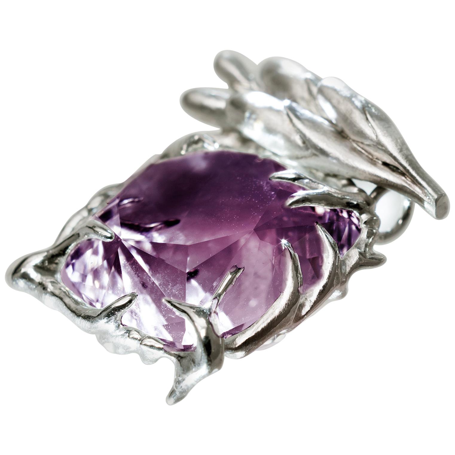 White Gold Art Nouveau Artisan Pendant Necklace with Cushion Amethyst For Sale