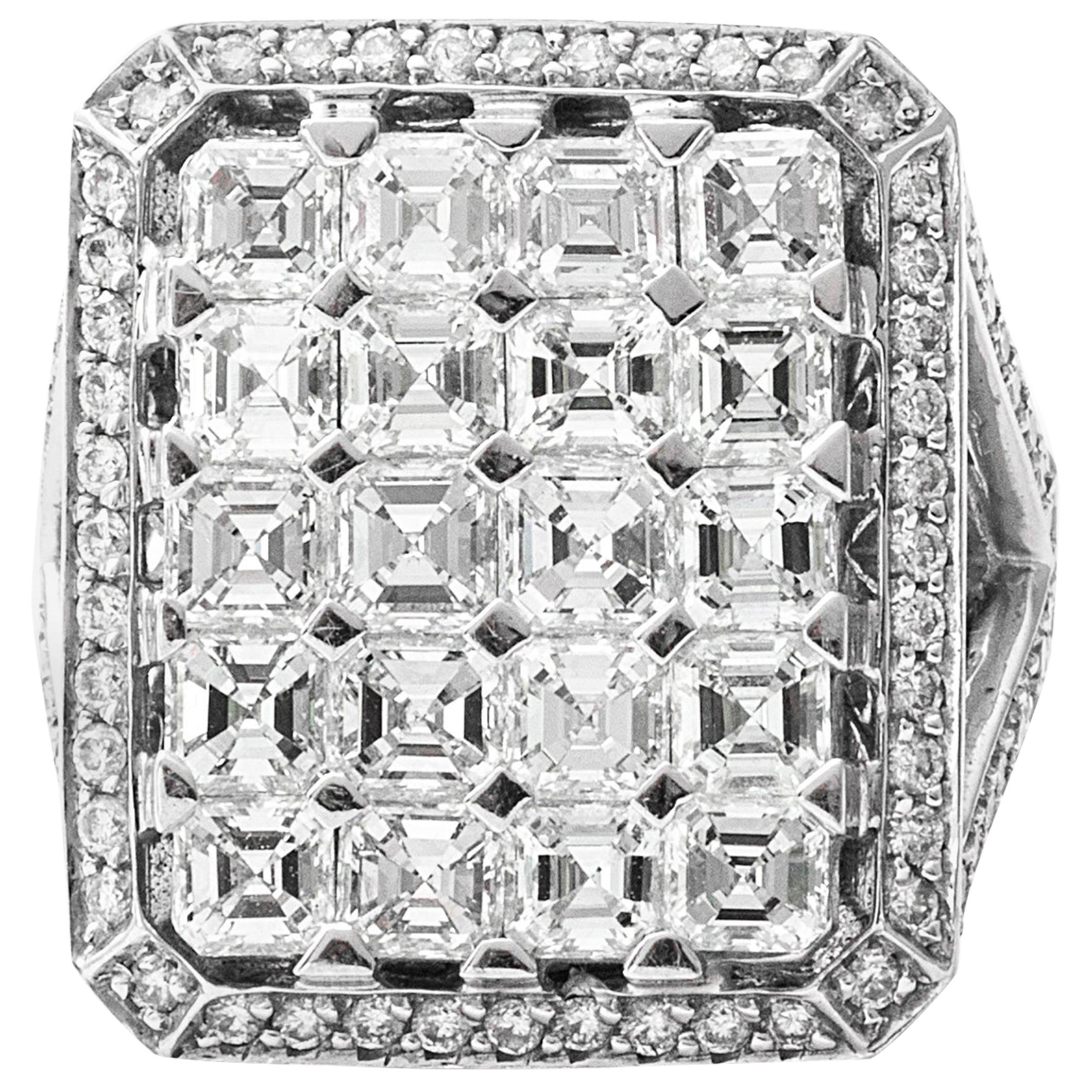 18 Karat White Gold Asscher Cut Diamond Cocktail Ring For Sale