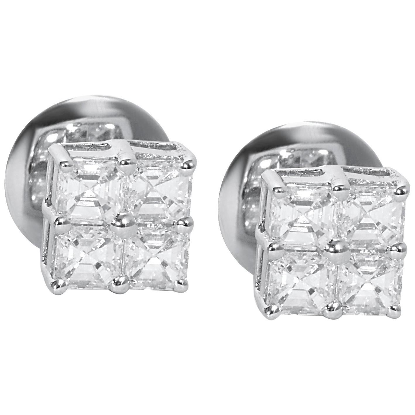 18 Karat White Gold Asscher Cut Diamond Stud Earrings For Sale