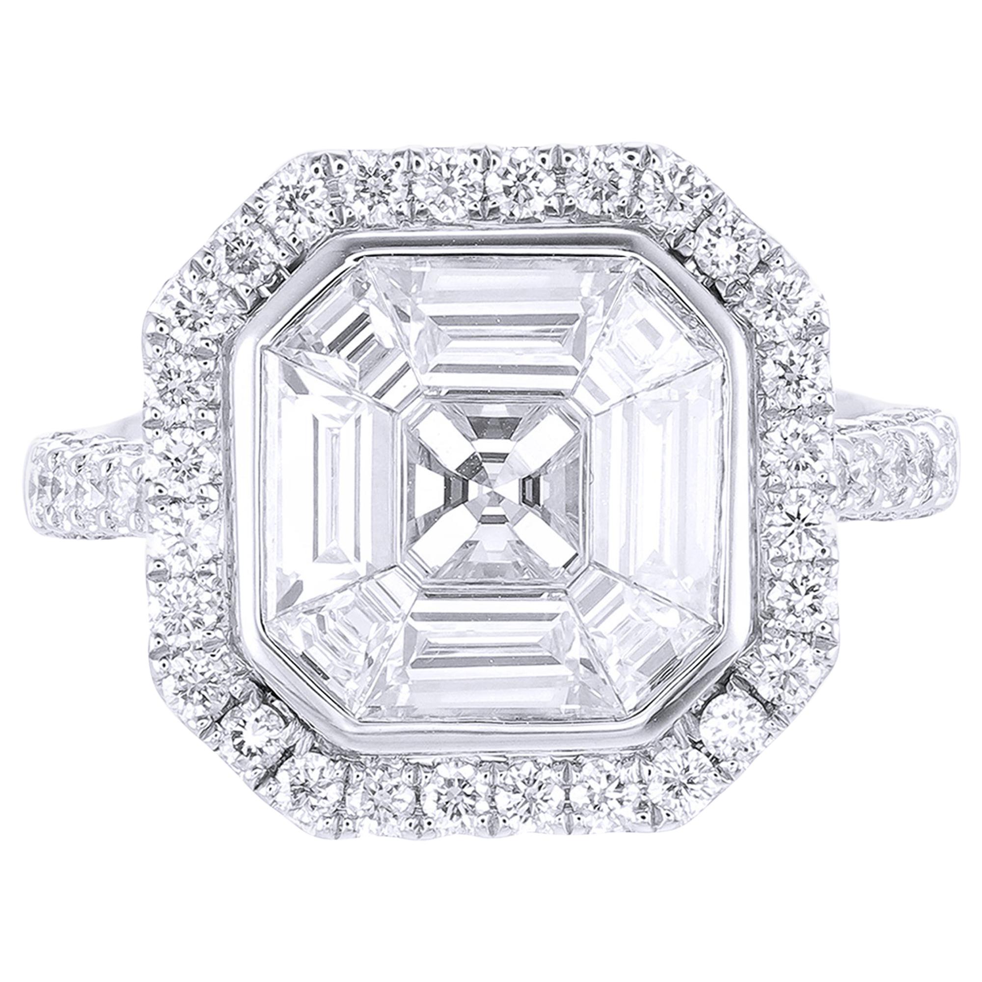 18 Karat White Gold Asscher Illusion Diamond Engagement Ring For Sale
