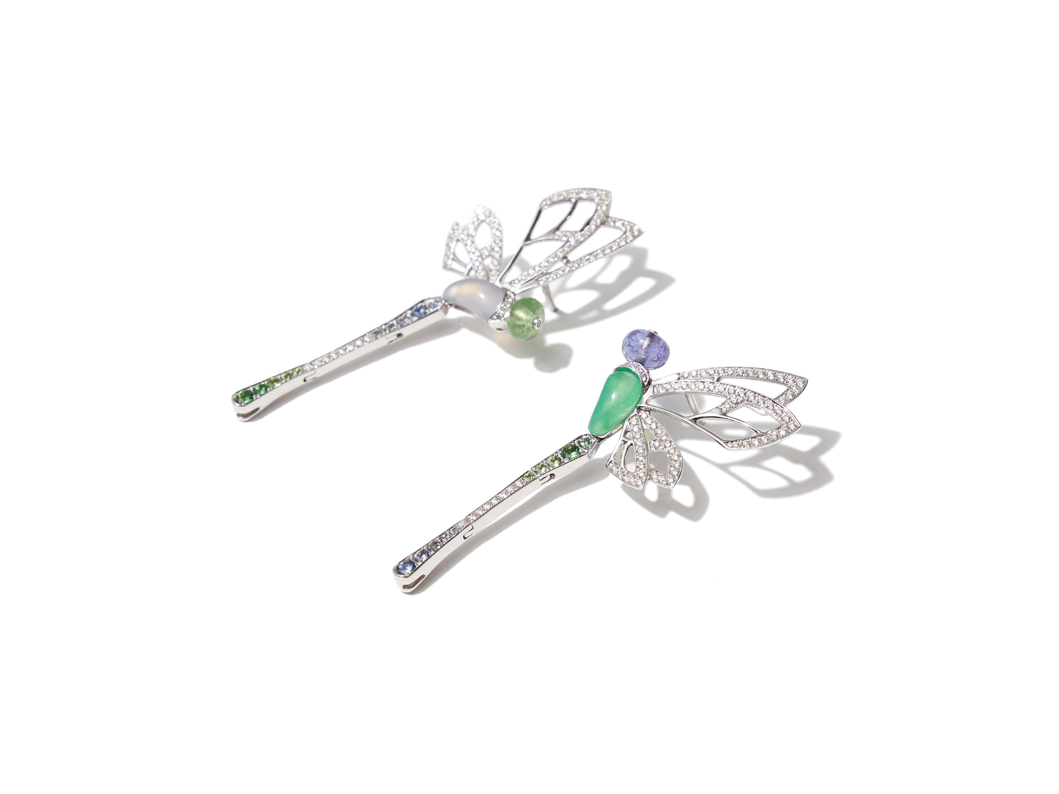 Contemporary 18 karat white gold Asymmetric Dragonfly Earrings chalcedony diamonds For Sale