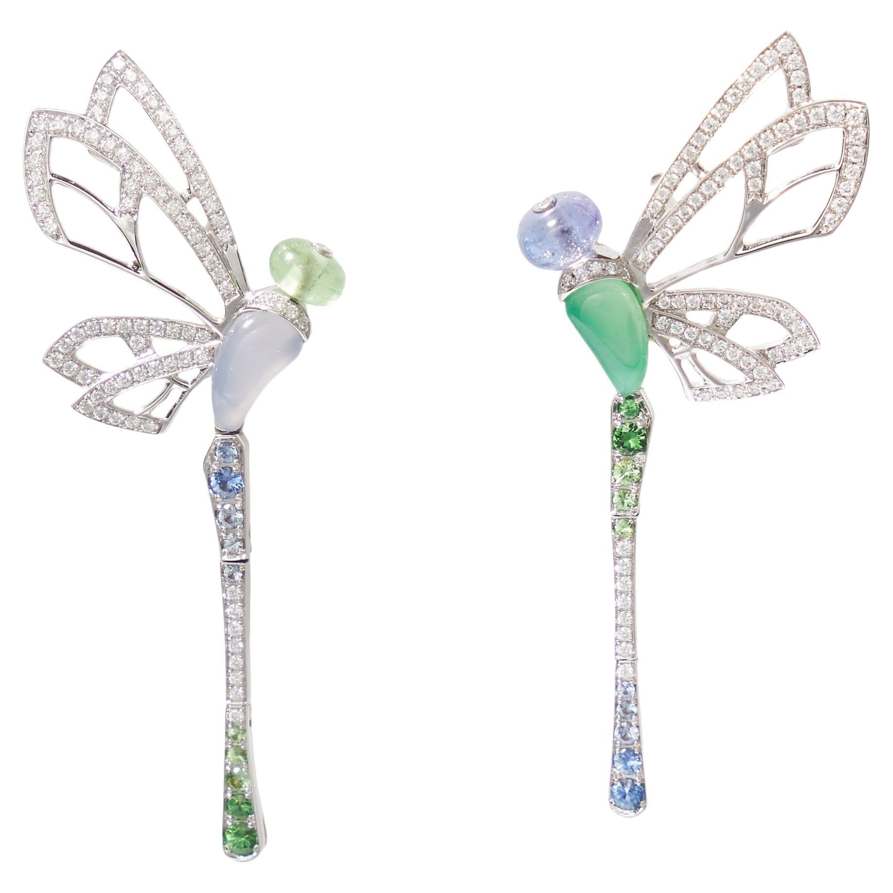 18 karat white gold Asymmetric Dragonfly Earrings chalcedony diamonds For Sale