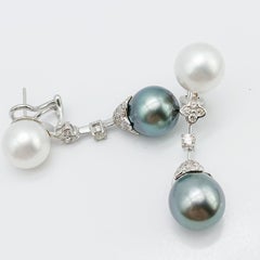 18 Karat White Gold Australian and Tahitian Pearl Diamond Drop Earrings