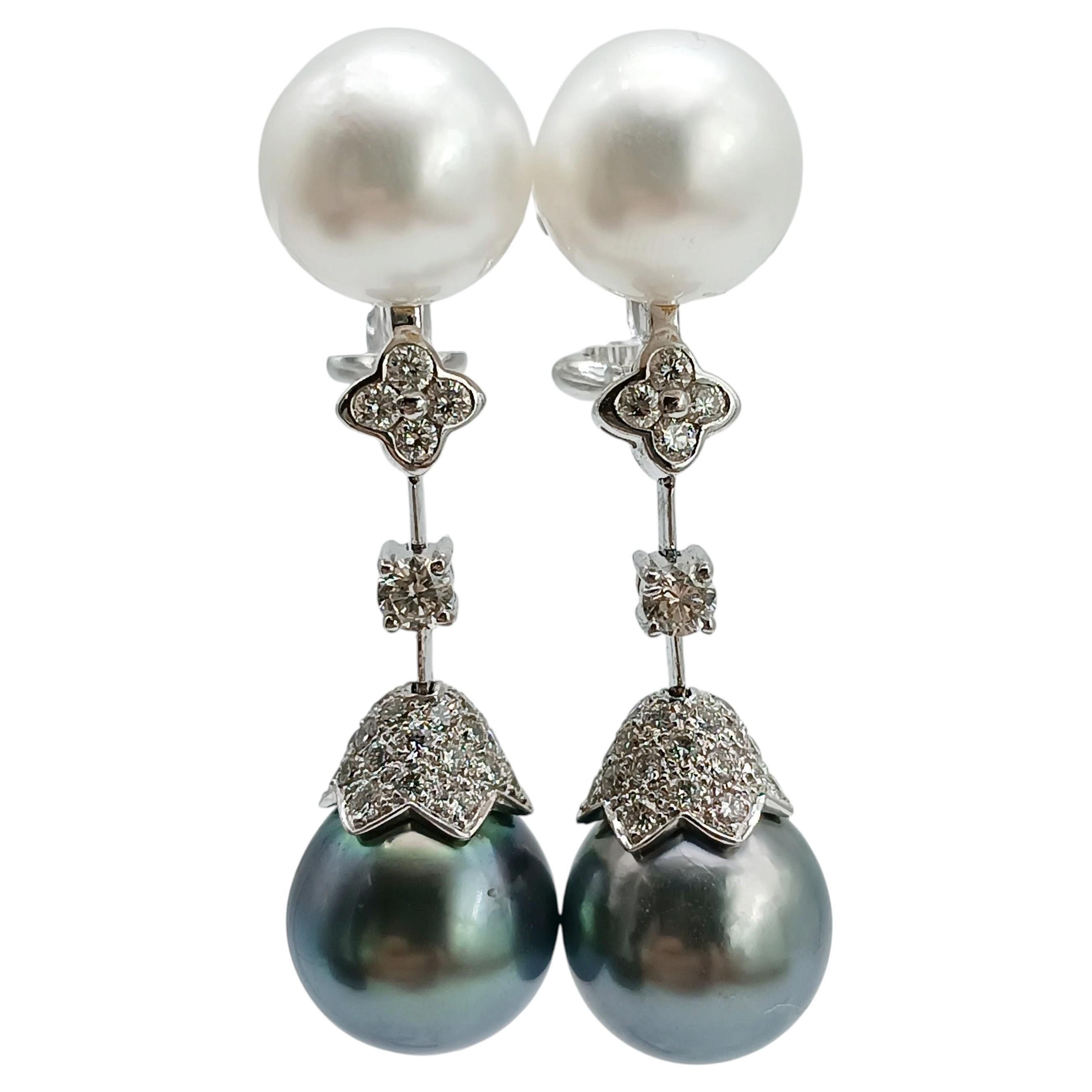 18 Karat White Gold Australian and Tahitian Pearl Diamond Drop Earrings