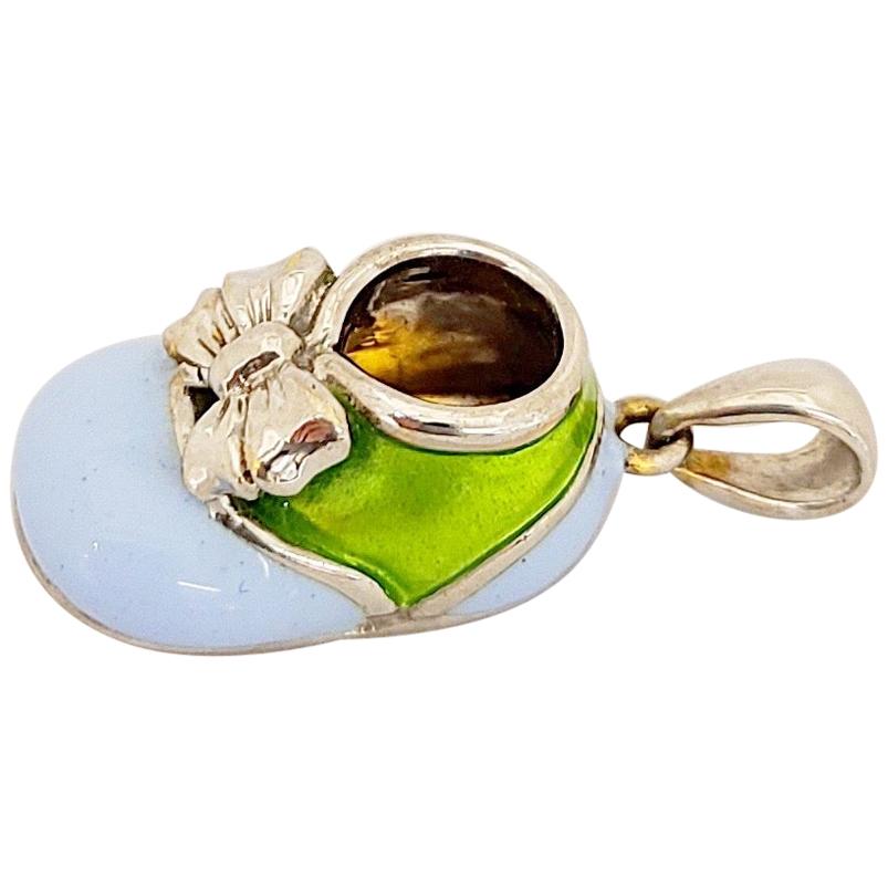 18 Karat White Gold Baby Shoe Charm with Light Blue and Green Enamel For Sale