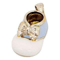 18 Karat White Gold Baby Shoe Charm with Light Blue and White Enamel