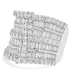 18 Karat White Gold Baguette Cut and Round Diamond Multi-Row Cigar Band