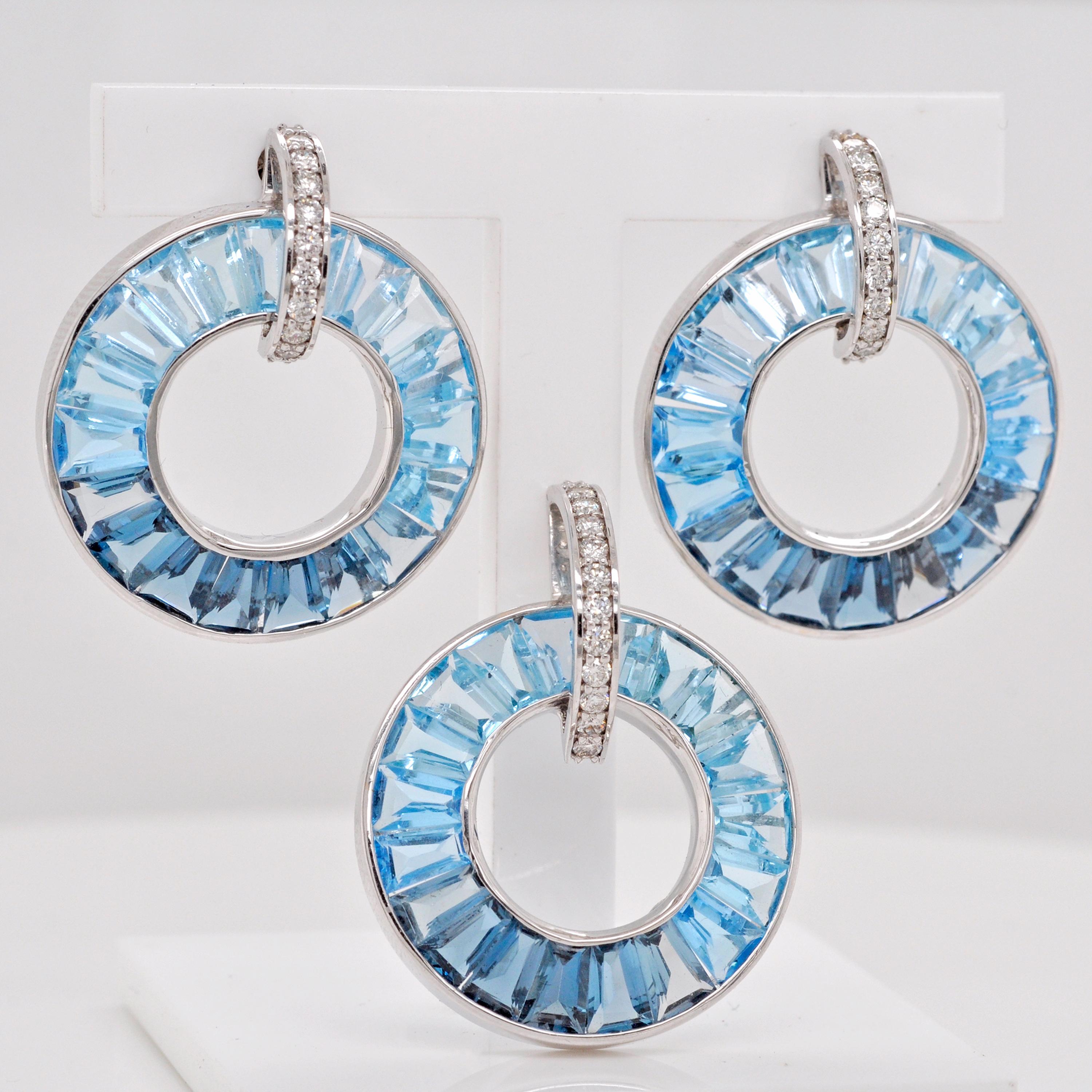 18k white gold baguette-cut blue topaz diamond circle pendant earrings set.

This exquisite 18k white gold blue topaz diamond circle set—a radiant ensemble crafted to elevate your style with its captivating beauty. Meticulously fashioned in