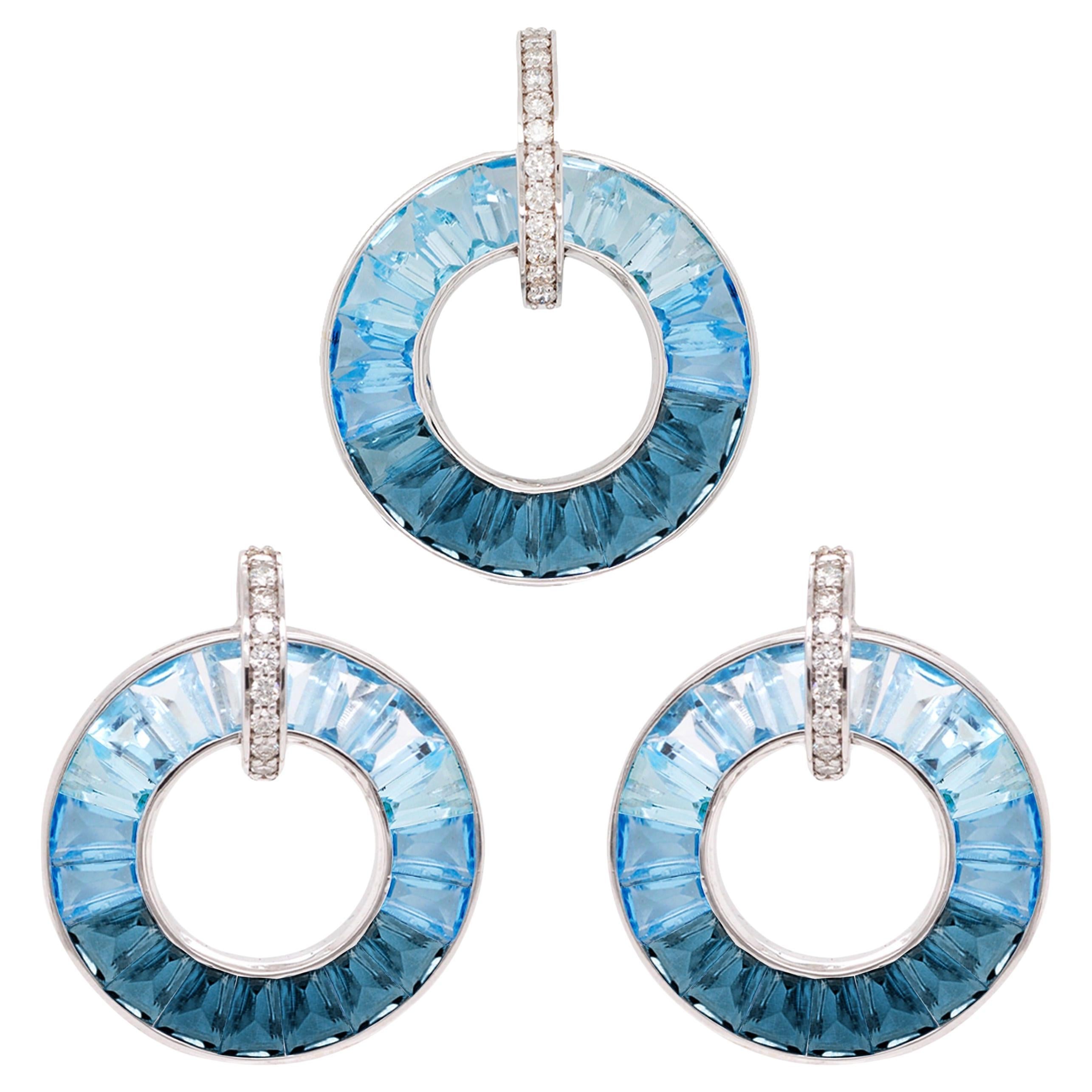 18 Karat White Gold Baguette-Cut Blue Topaz Diamond Circle Pendant Earrings Set