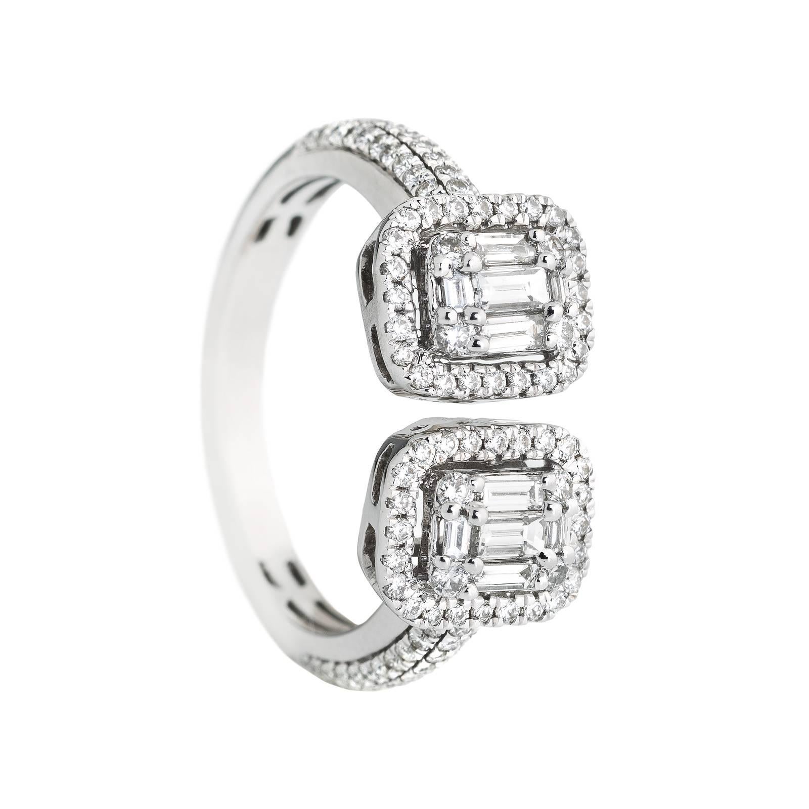 18 Karat White Gold 128 White Diamonds Together 0.88 Carat Baguette Cut Ring For Sale