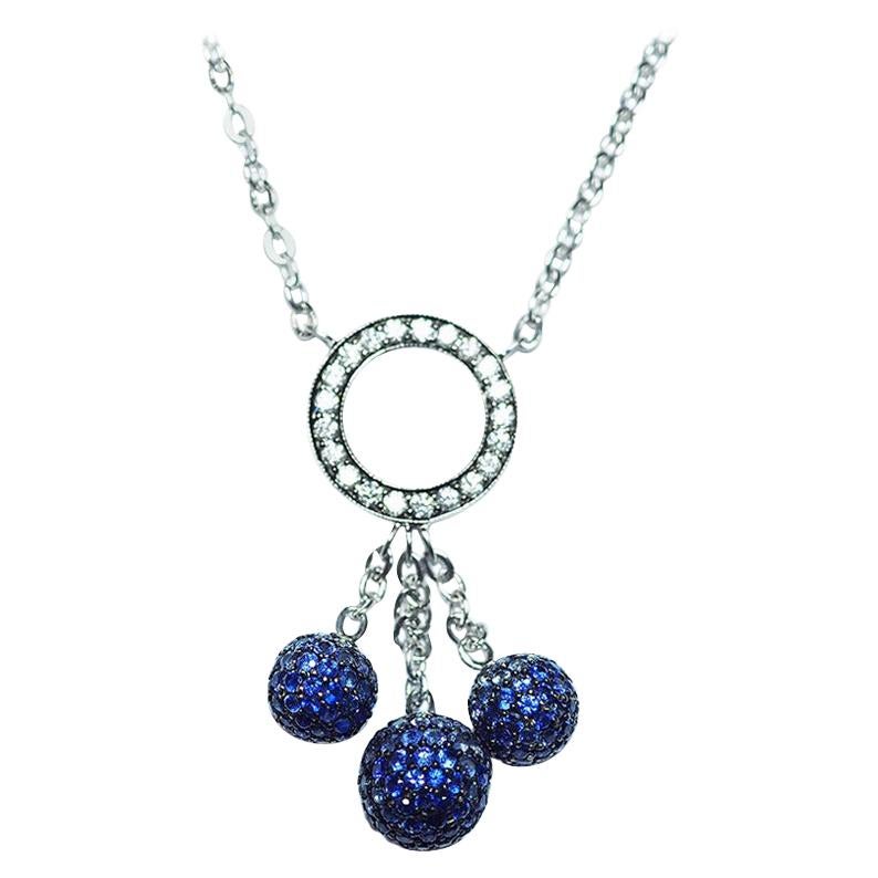 18 Karat White Gold Ball Sapphire Drop Necklace For Sale
