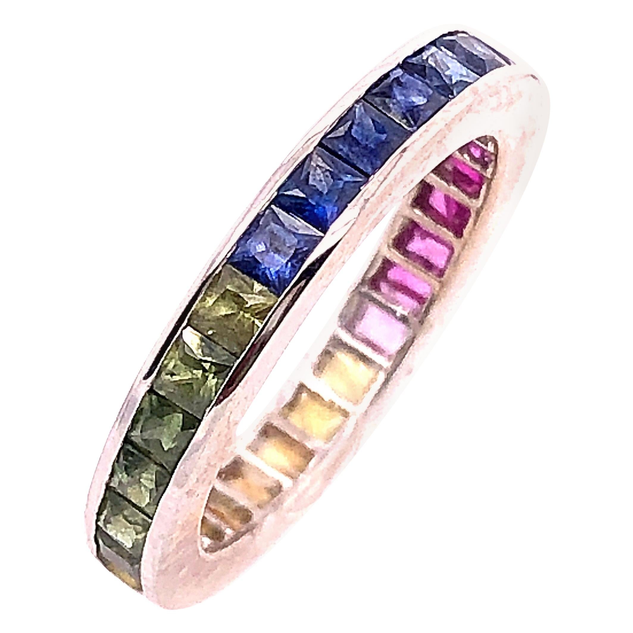 18 Karat White Gold Band / Ring with Multicolored Semi Precious Stones