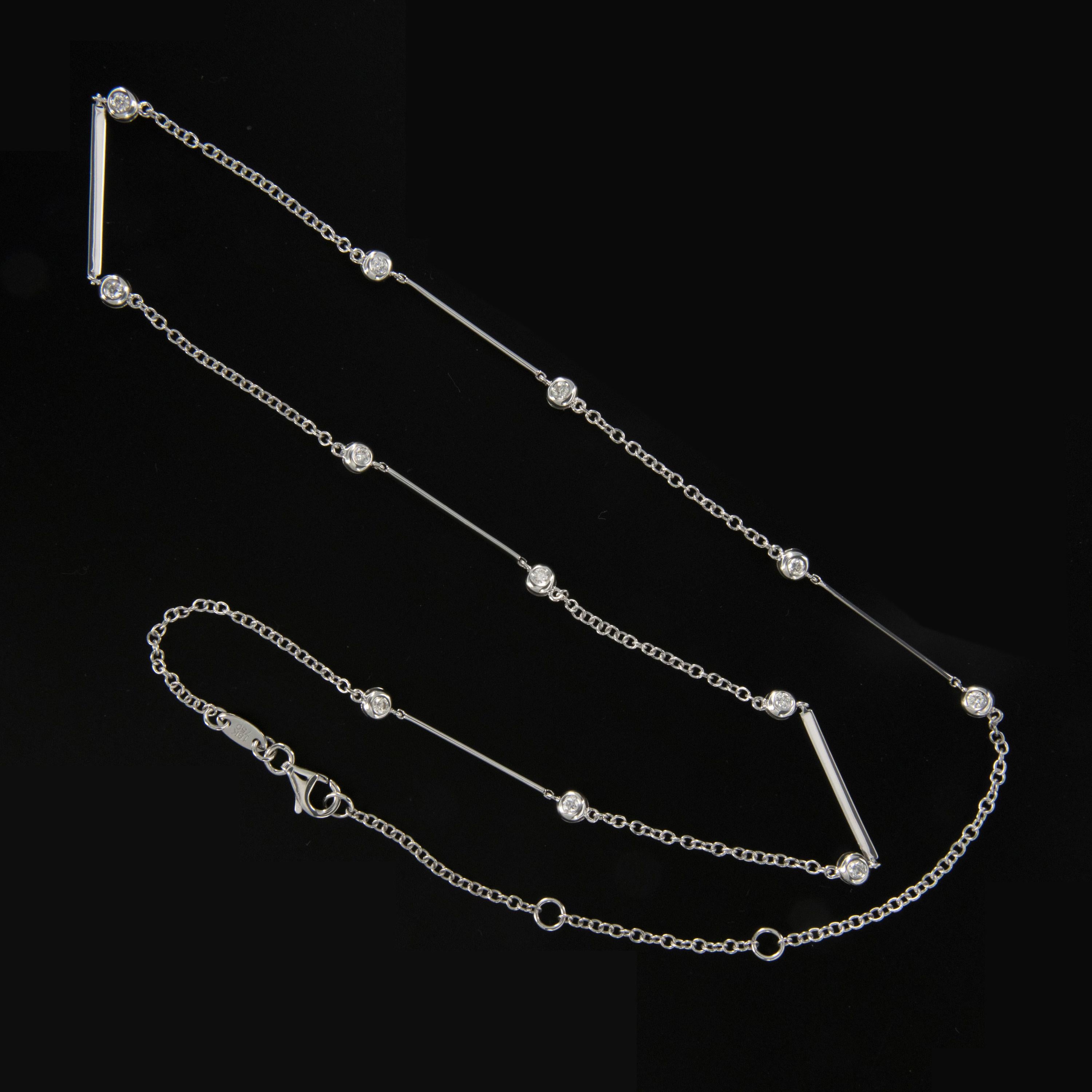 Why be like everyone else when you can be unique? Just like this timeless diamonds by the yard necklace with alternating sections of bar & chain between each bezel set diamond = over 1/2 carats. Necklace is 18
