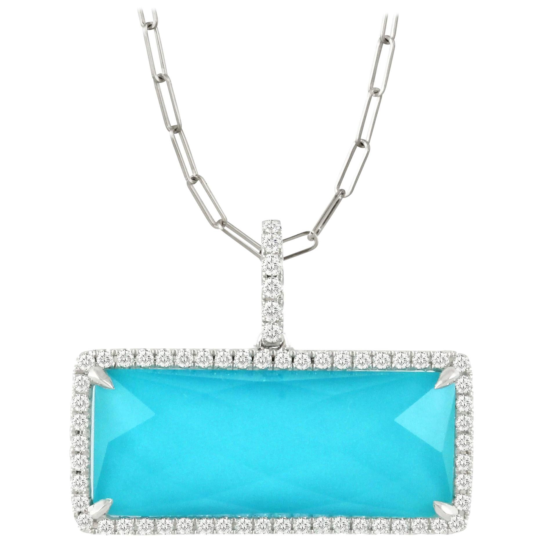 18 Karat White Gold Bar Rectangle Necklace w/ White Topaz, Turquoise
