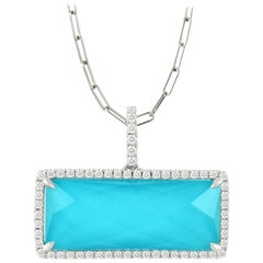 18 Karat White Gold Bar Rectangle Necklace w/ White Topaz, Turquoise & Diamonds