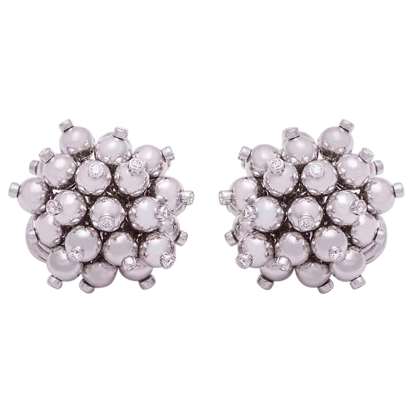 18 Karat White Gold Bead and Diamond Ear Clips For Sale