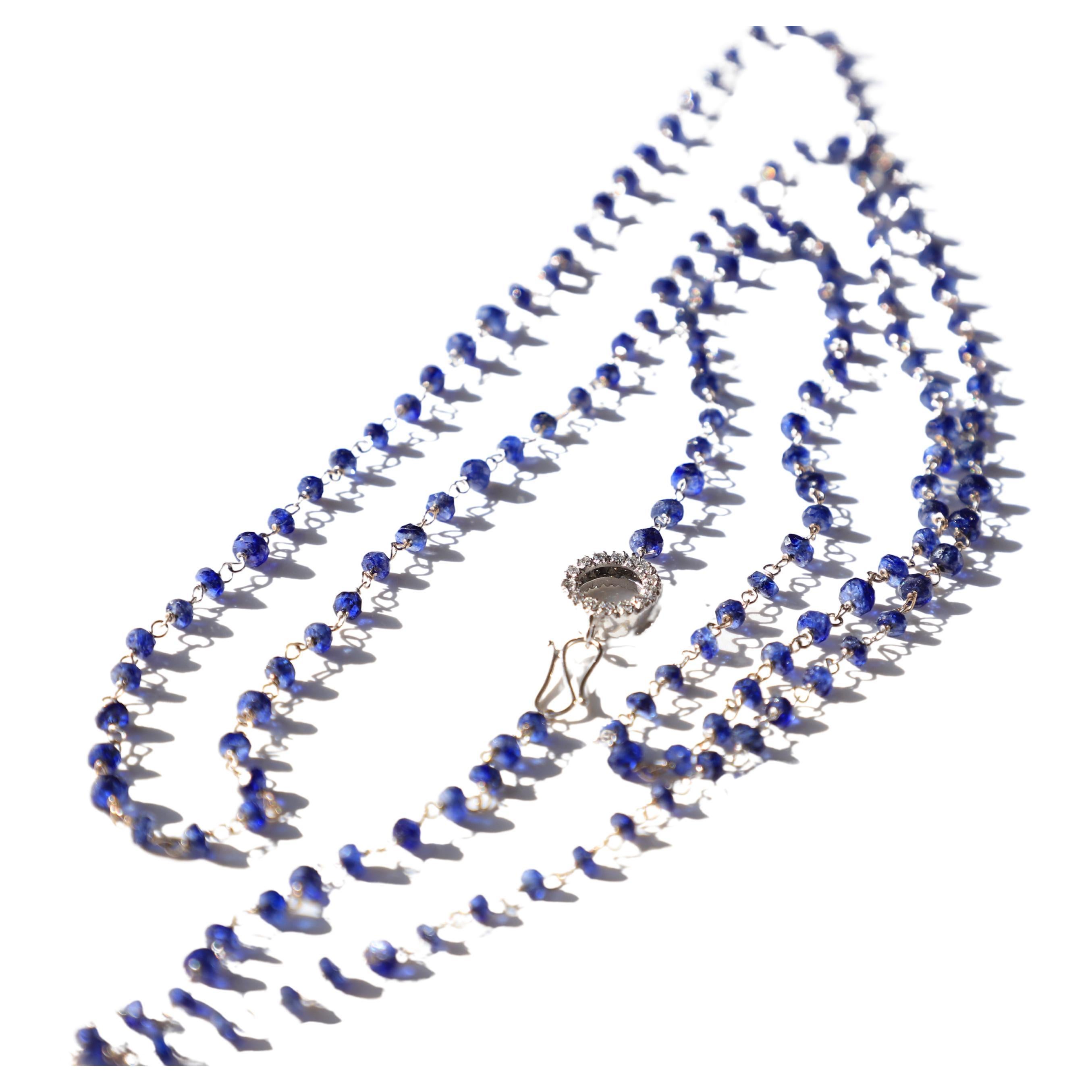18 Karat White Gold Bead Cut Sapphires 0.44c  White Diamonds Sautoir Necklace In New Condition For Sale In Rome, IT