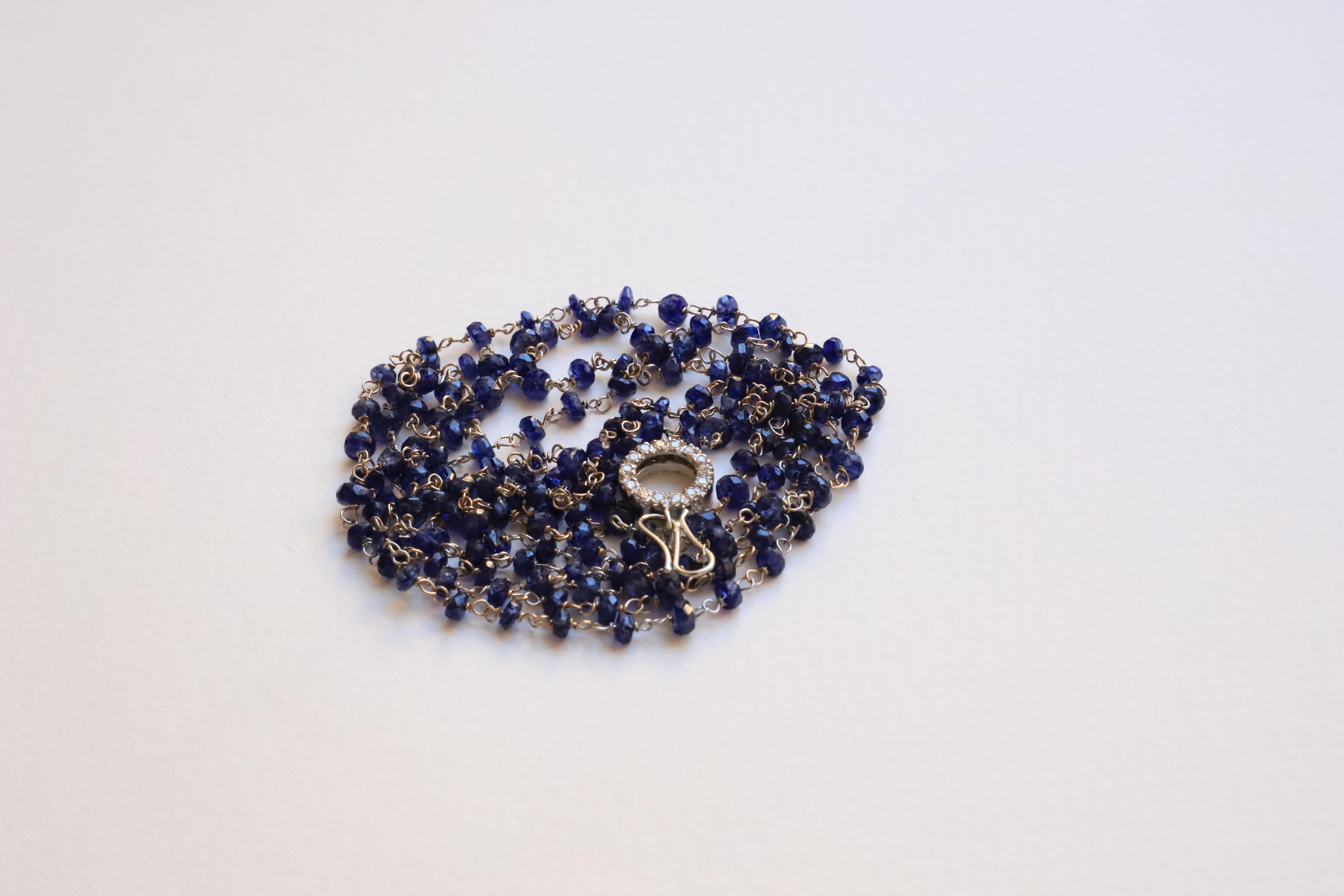 18 Karat White Gold Bead Cut Sapphires 0.44karat White Diamonds Sautoir Necklace For Sale 2