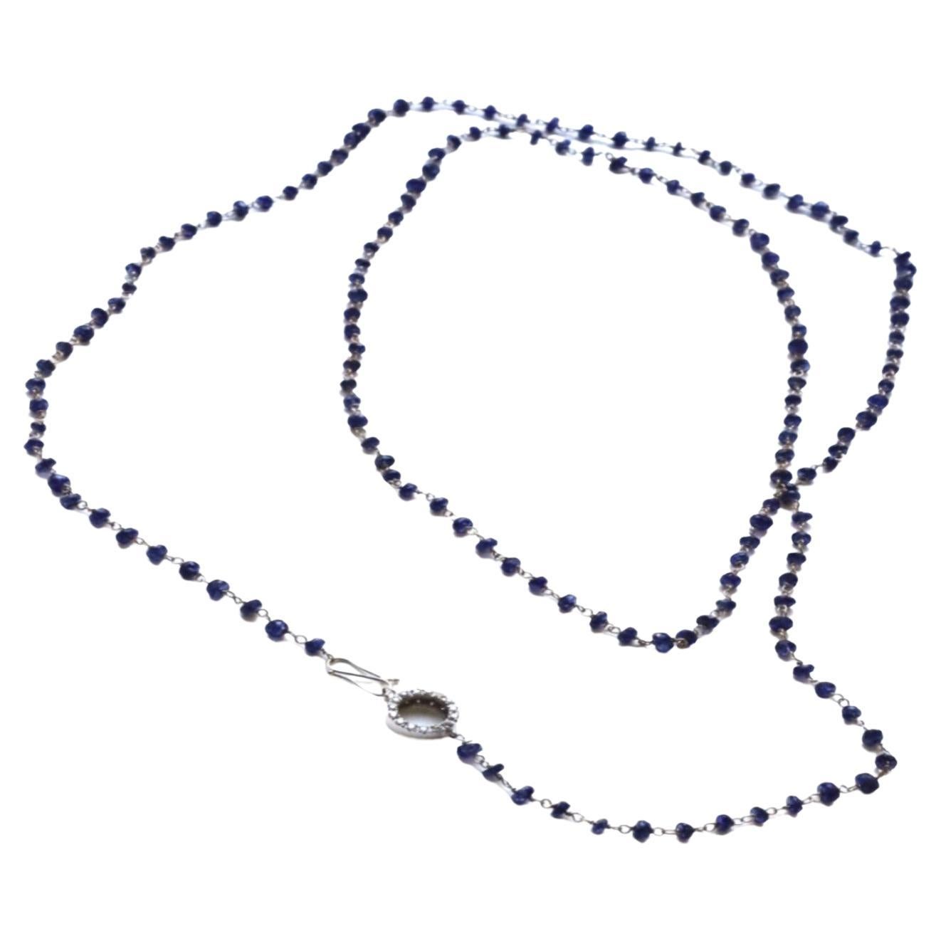 Art Deco 18 Karat White Gold Bead Cut Sapphires 0.44c  White Diamonds Sautoir Necklace For Sale