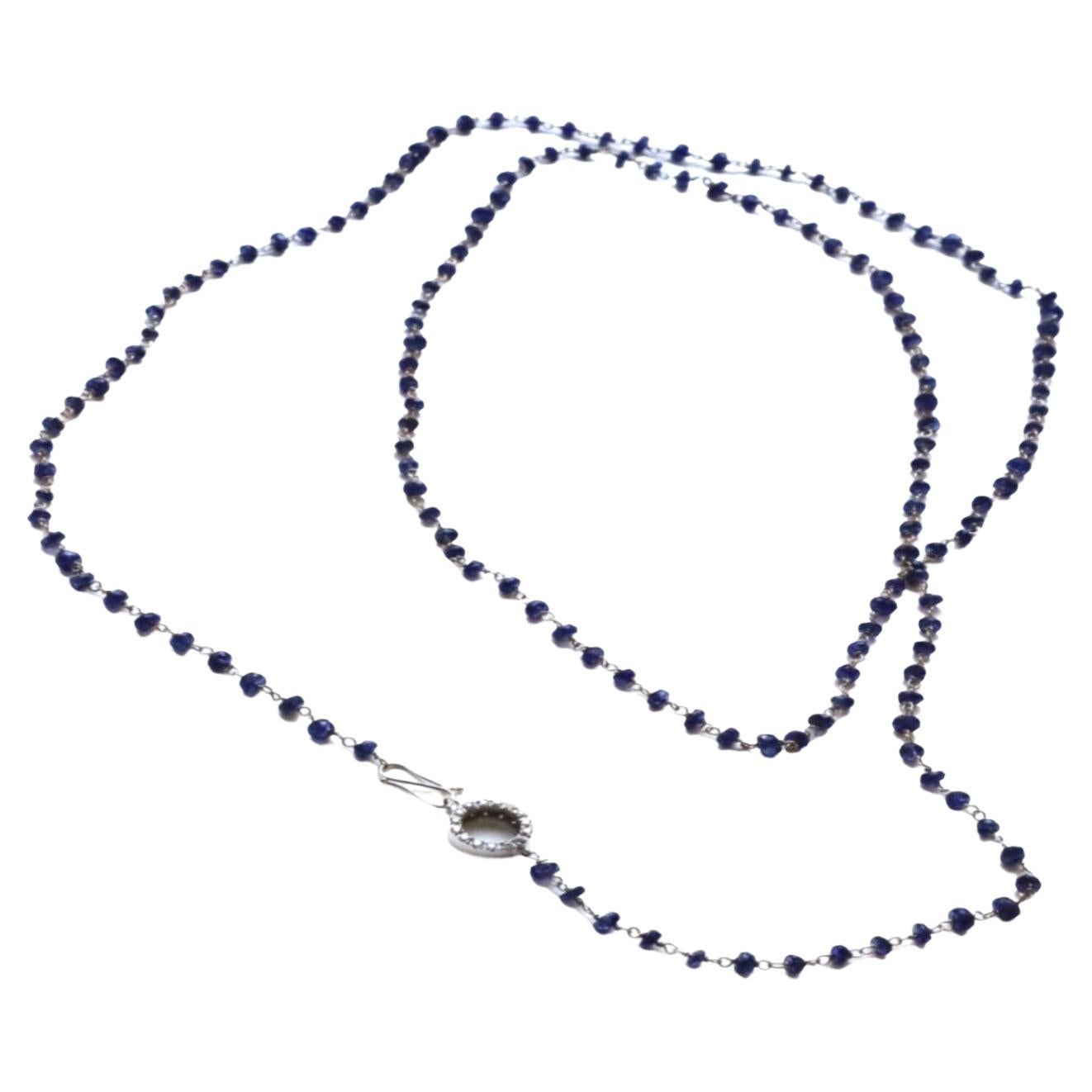 Art Deco 18 Karat White Gold Bead Cut Sapphires 0.44karat White Diamonds Sautoir Necklace For Sale