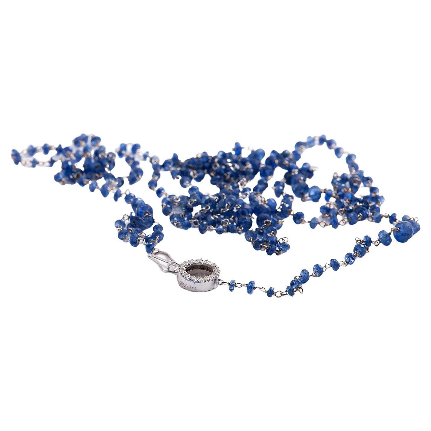 18 Karat White Gold Bead Cut Sapphires 0.44karat White Diamonds Sautoir Necklace For Sale