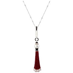 18 Karat White Gold Beaded Ruby and Pearl Tassel Necklace with Pavé Diamond
