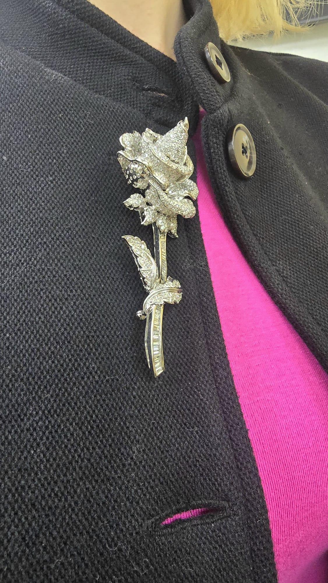 18K White Gold Big Rose Pin, features 8.00 carats of baguette and round diamonds. 3 1/2