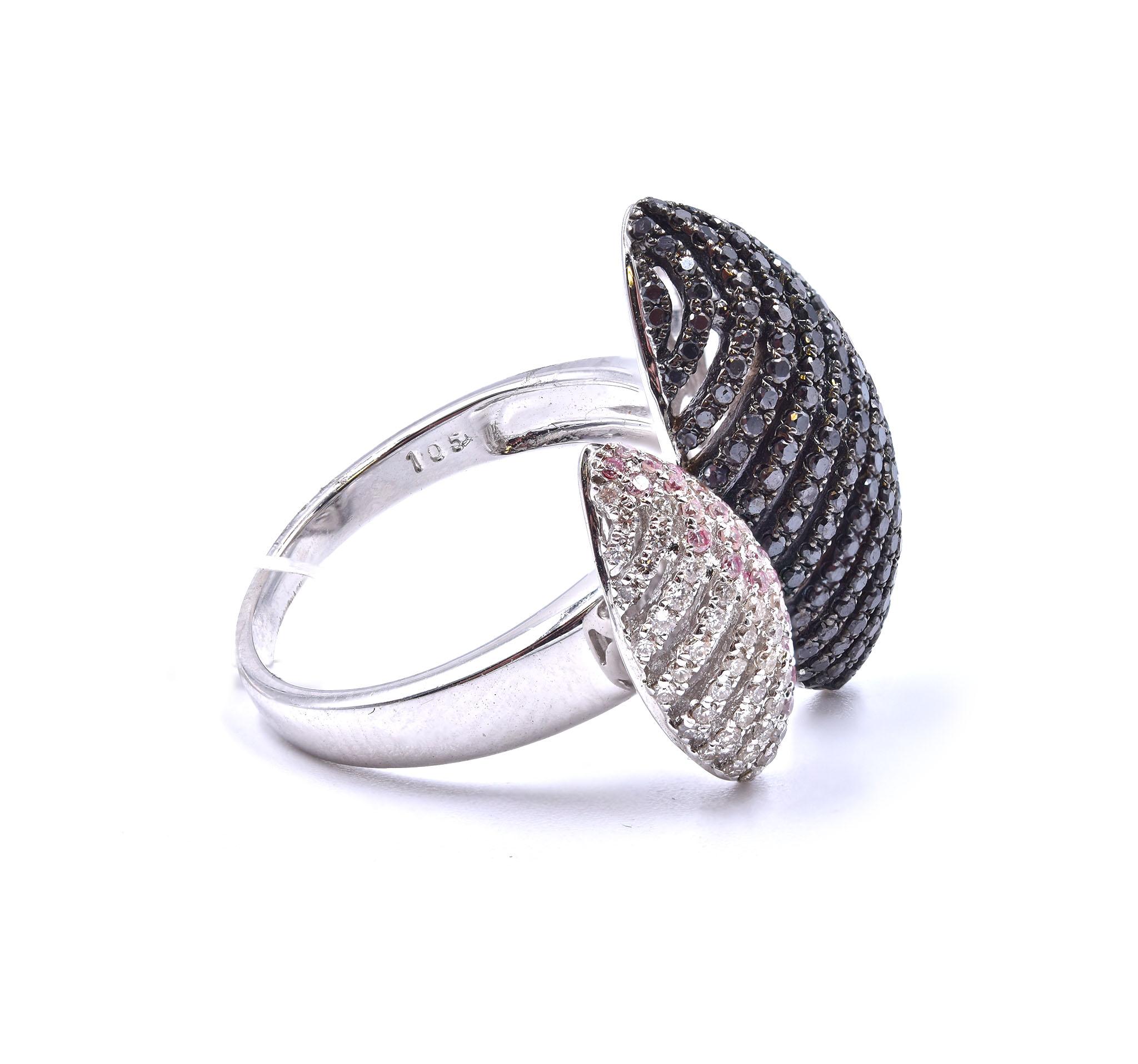 Designer: Custom
Material: 18k white gold
Diamonds: 245 round cut = 1.05cttw 
Color: Black / G
Clarity: VS
Size: 6.5
Dimensions: ring measures 21.5 X 20mm
Weight: 6.89 grams
