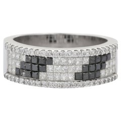 Bague unisexe en or blanc 18 carats avec diamant noir et blanc