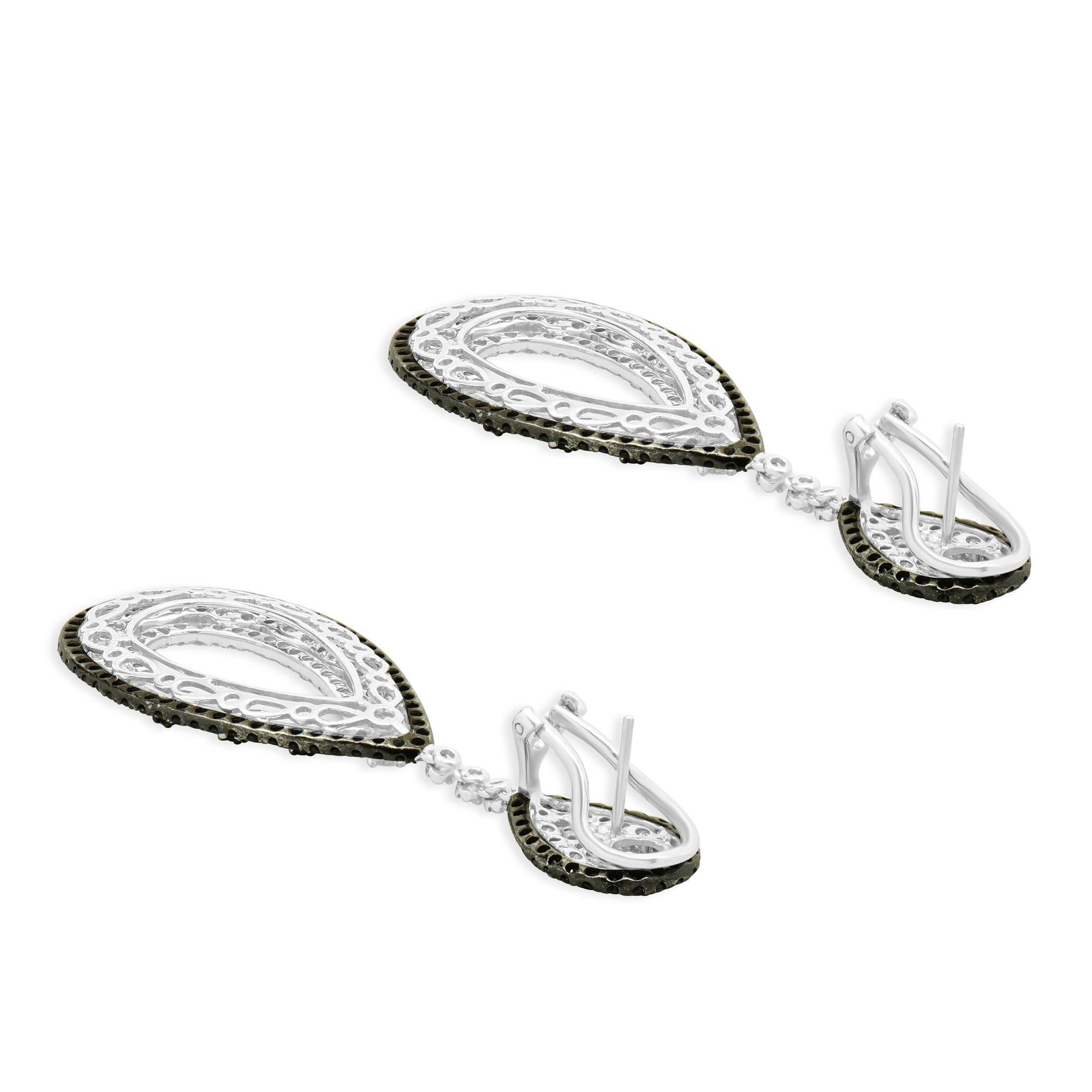 Round Cut 18 Karat White Gold Black and White Diamond Open Pear Shape Drop Earrings For Sale
