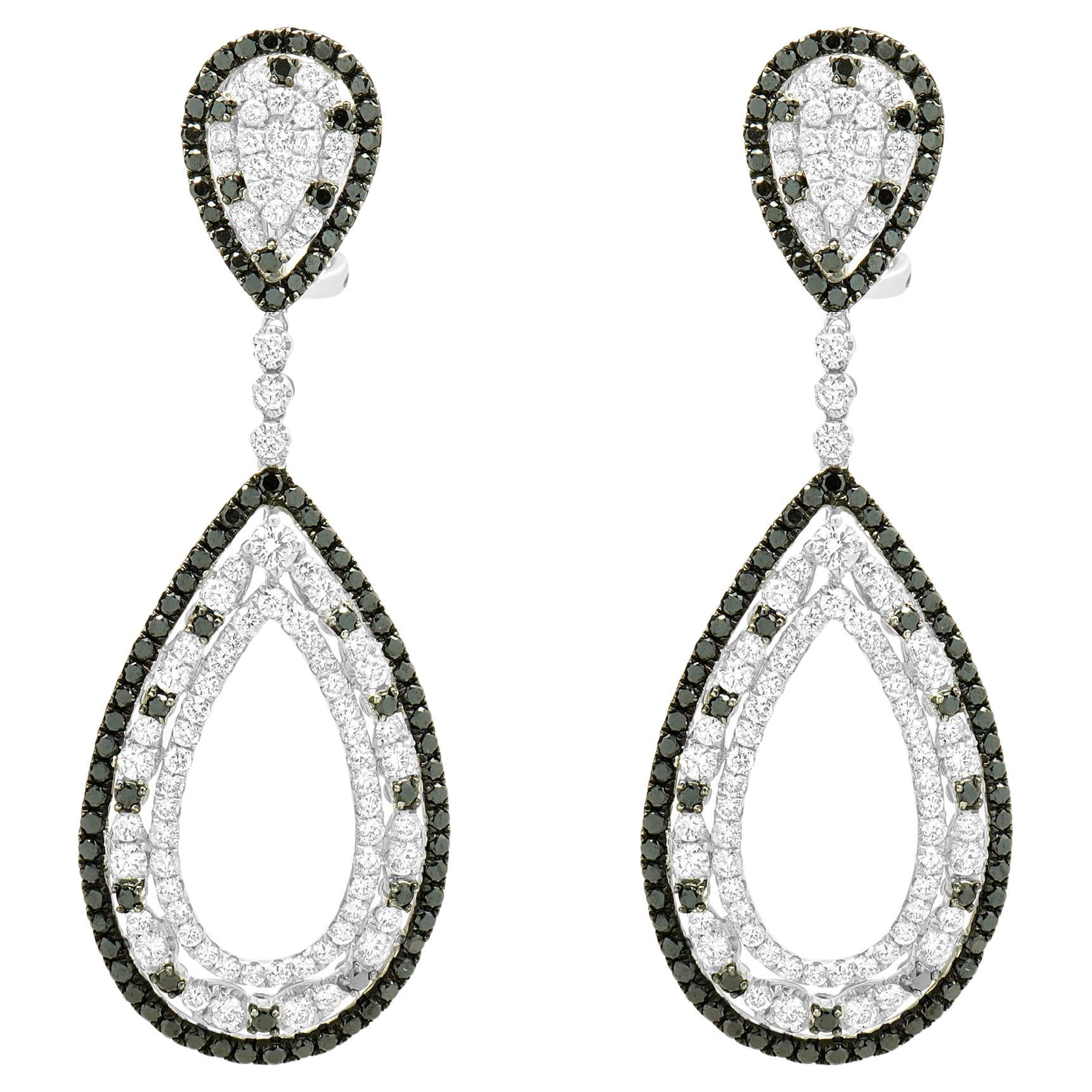18 Karat White Gold Black and White Diamond Open Pear Shape Drop Earrings For Sale