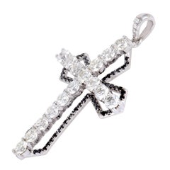 18 Karat White Gold Black and White Diamond Pave Cross Pendant