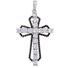 18 Karat White Gold Black and White Diamond Pave Cross Pendant