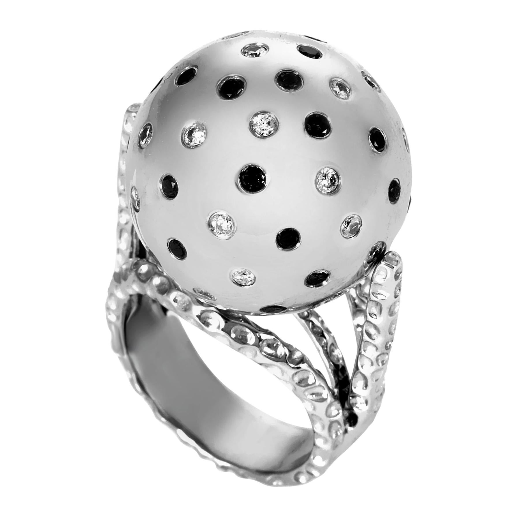 18 Karat White Gold Black and White Diamond Sphere Ring
