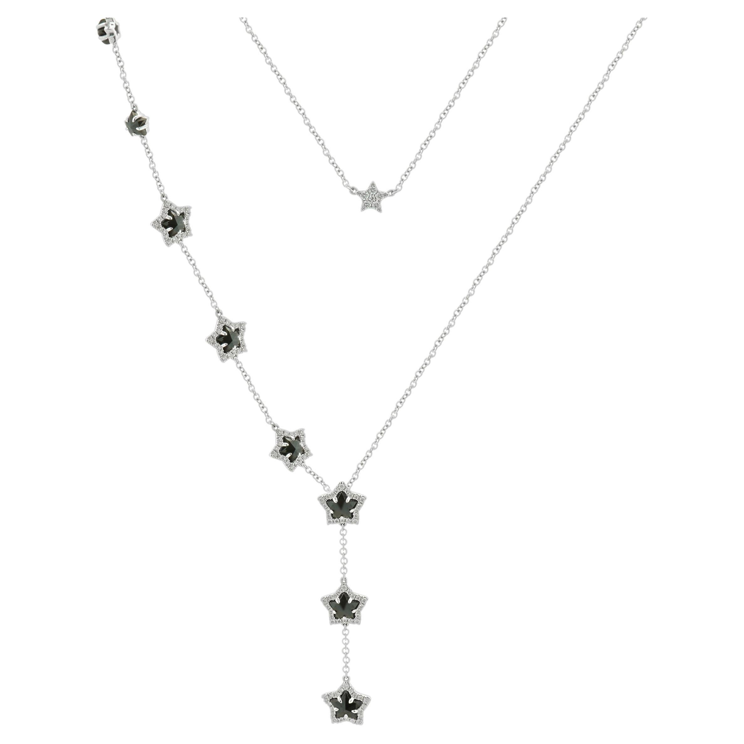 18 Karat White Gold Black and White Diamond Star Drop Necklace