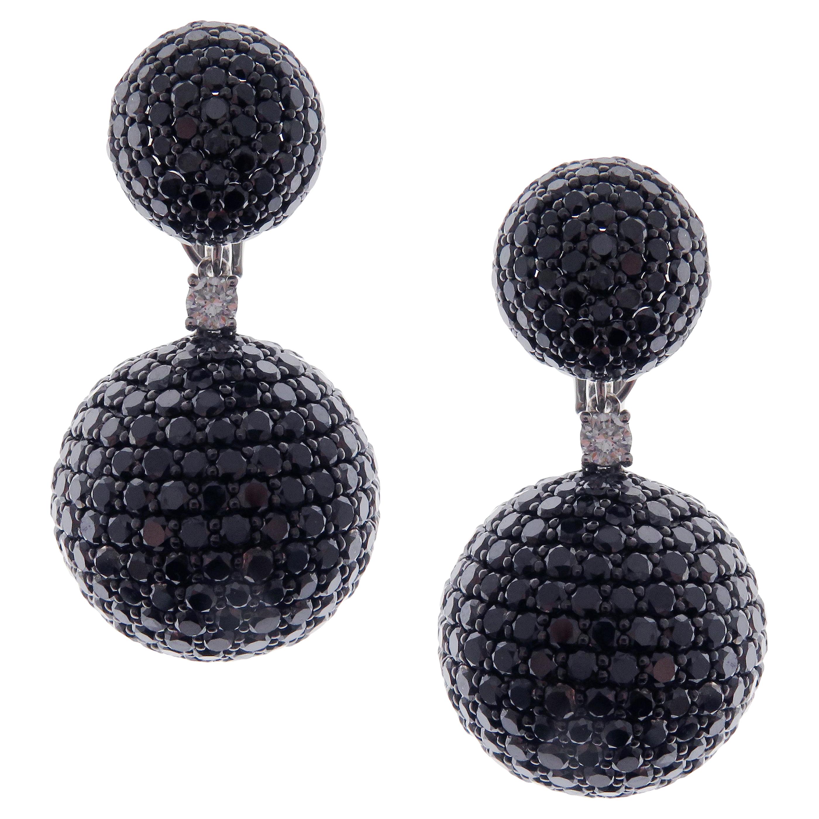 18 Karat White Gold Black Diamond Pave Ball Drop Earrings