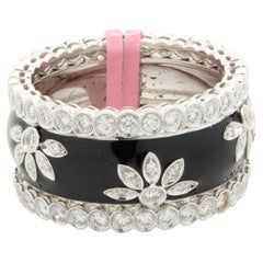 18 Karat Weißgold Schwarzer Emaille-Diamant-Blumenring