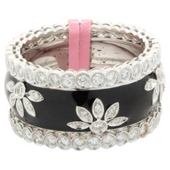 18 Karat White Gold Black Enamel Diamond Flower Band