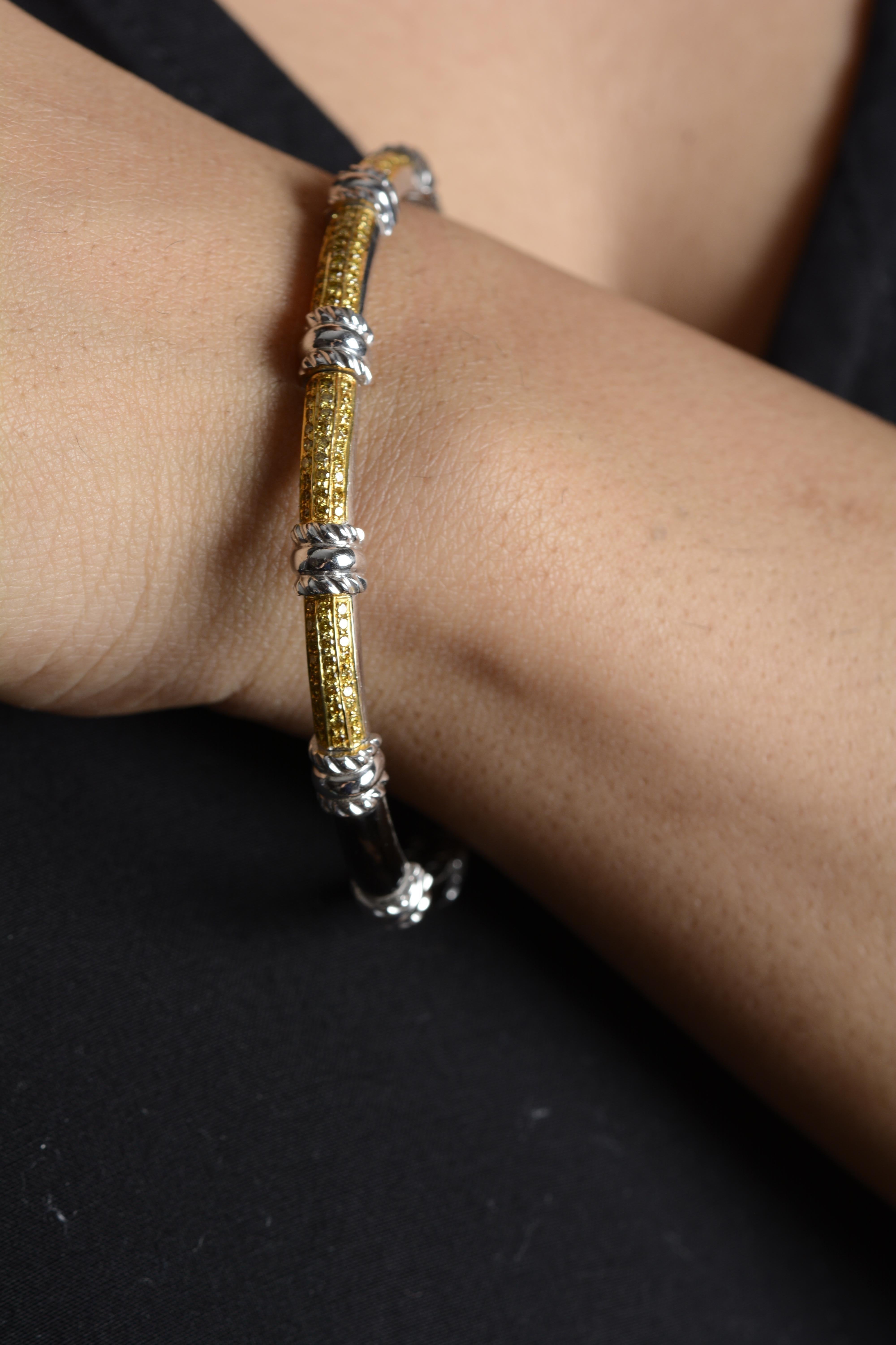 Contemporary 18 Karat White Gold Black Enamel Yellow Diamond Cuff Bracelet For Sale