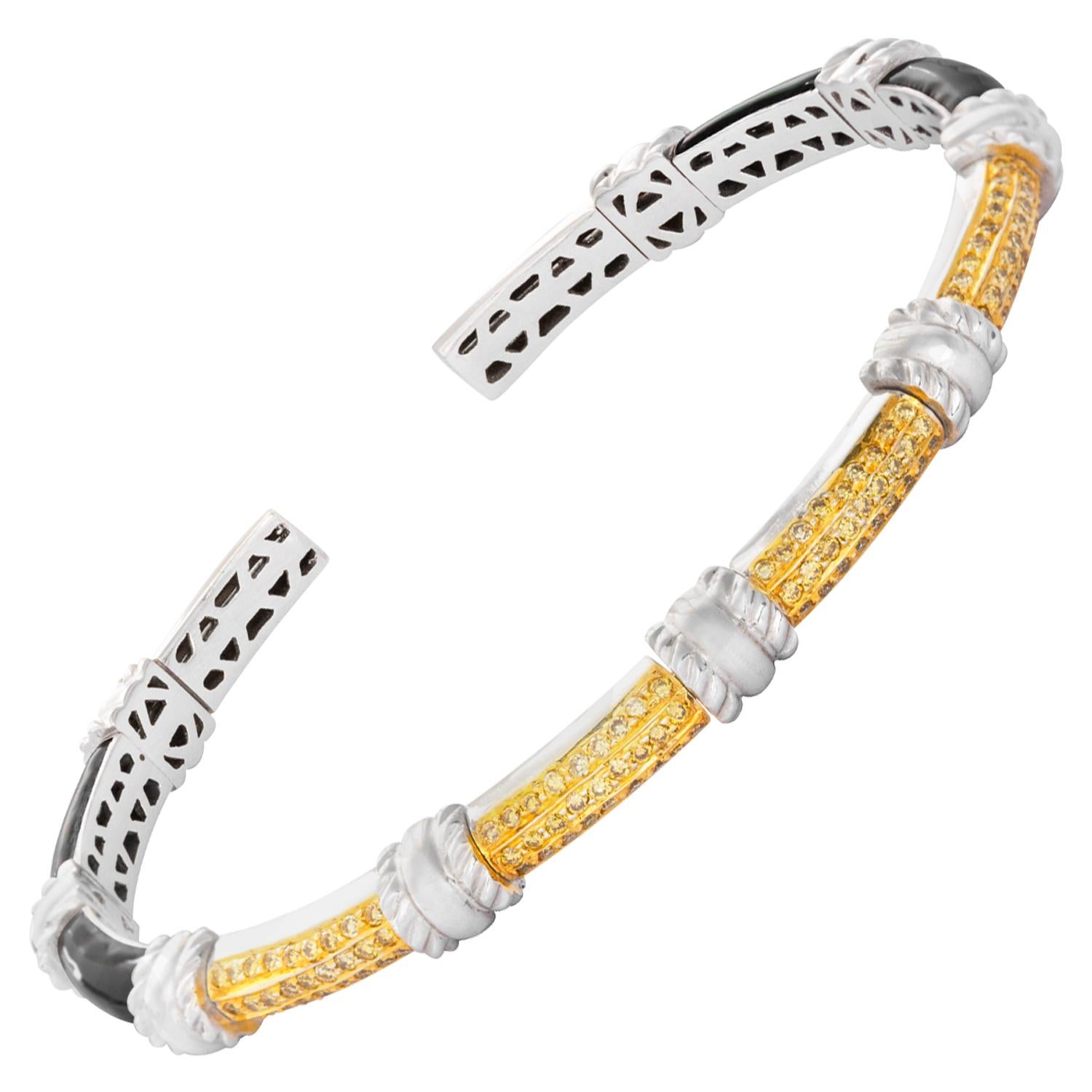 18 Karat White Gold Black Enamel Yellow Diamond Cuff Bracelet For Sale