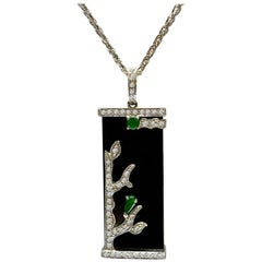 18 Karat White Gold Black Jadeite and Diamond Pendant with Necklace