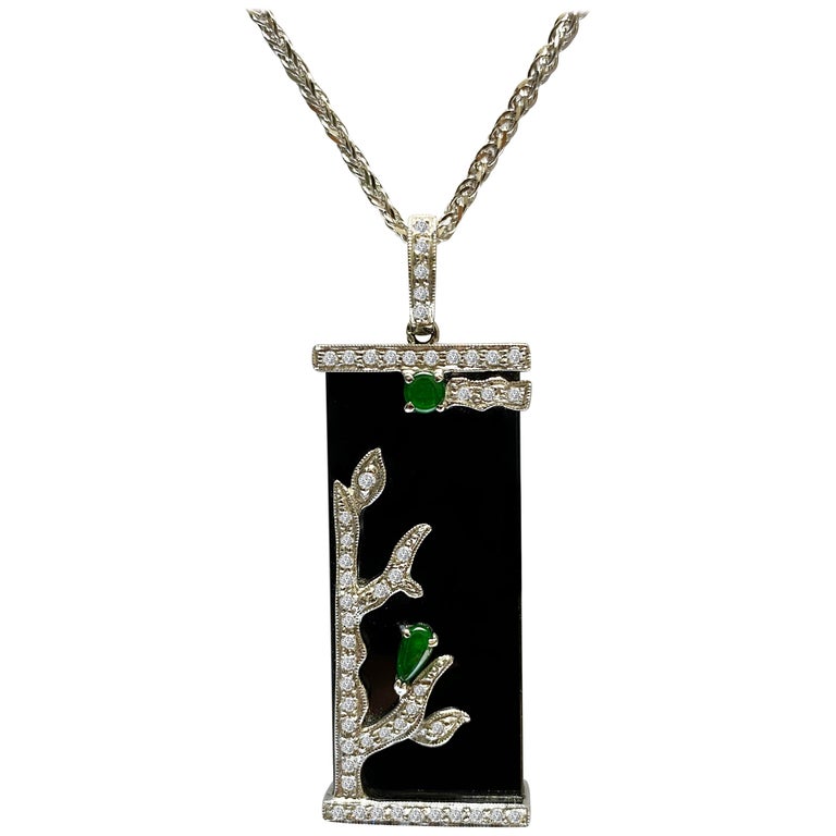 18 Karat White Gold Black Jadeite and Diamond Pendant with Necklace at