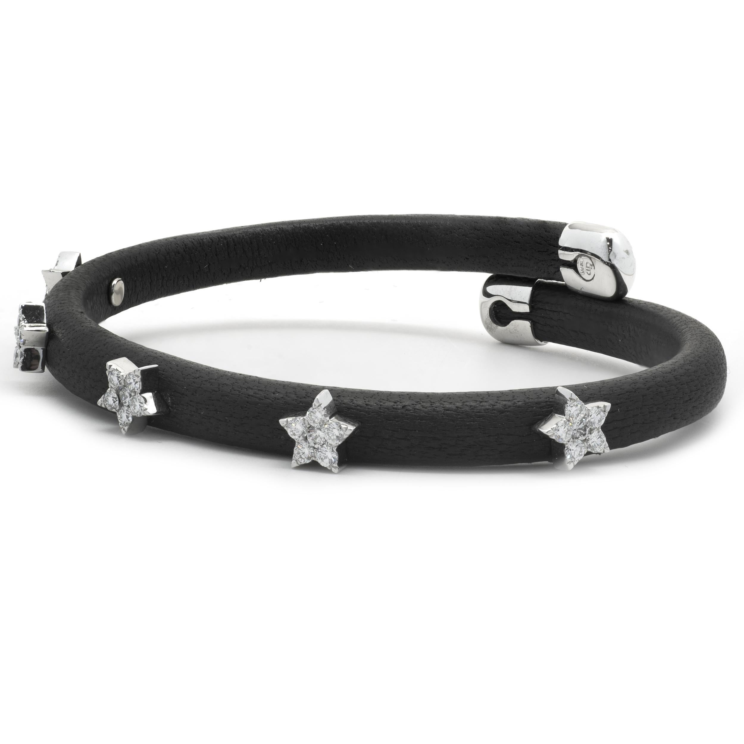 Round Cut 18 Karat White Gold Black Leather Diamond Star Wrap Bracelet For Sale